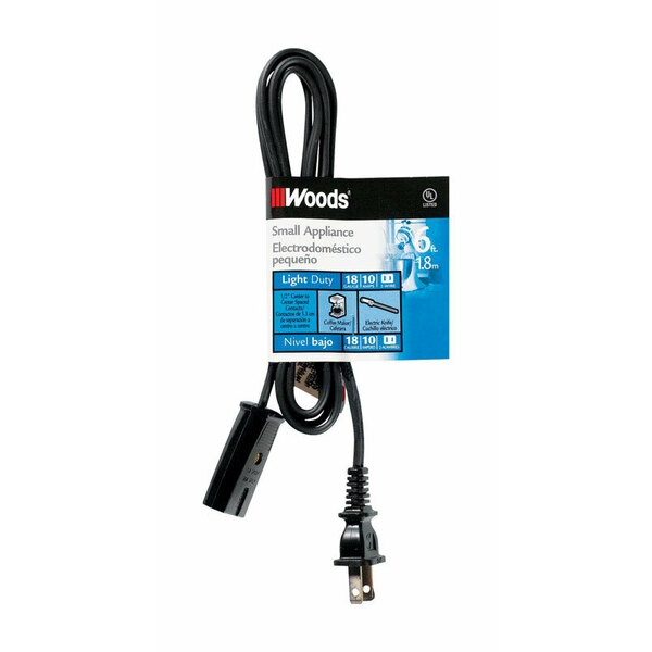 Wood Industries Woods 516338 Mini Plug Appliance Cord, 18 AWG Cable, 6 ft L, 10 A, 125 V, Black 0294